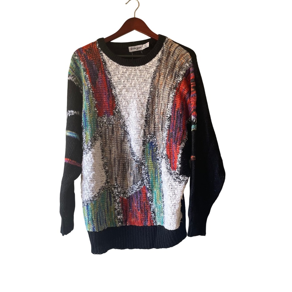 Vintage Textured Abstract‎ Geometric Knit Sweater Black Multi Color Women's M